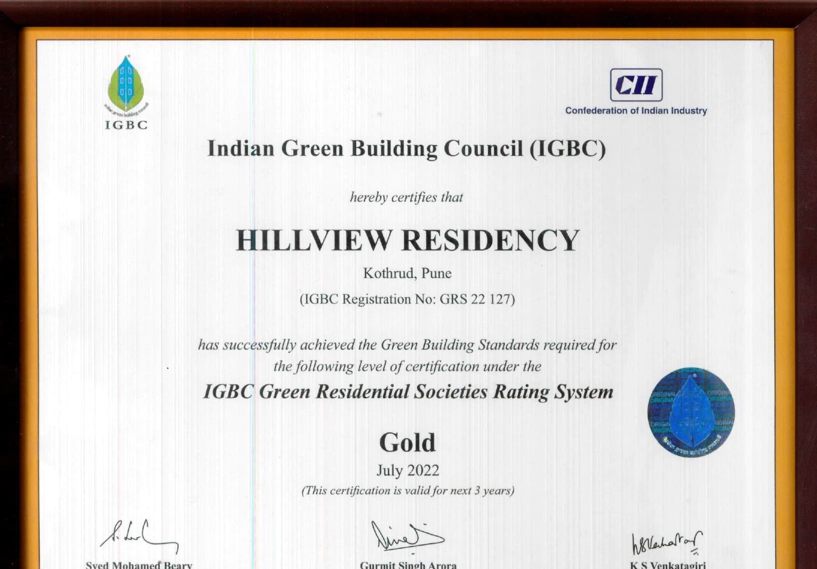 IGBC Gold Certificate - Hillview Residency