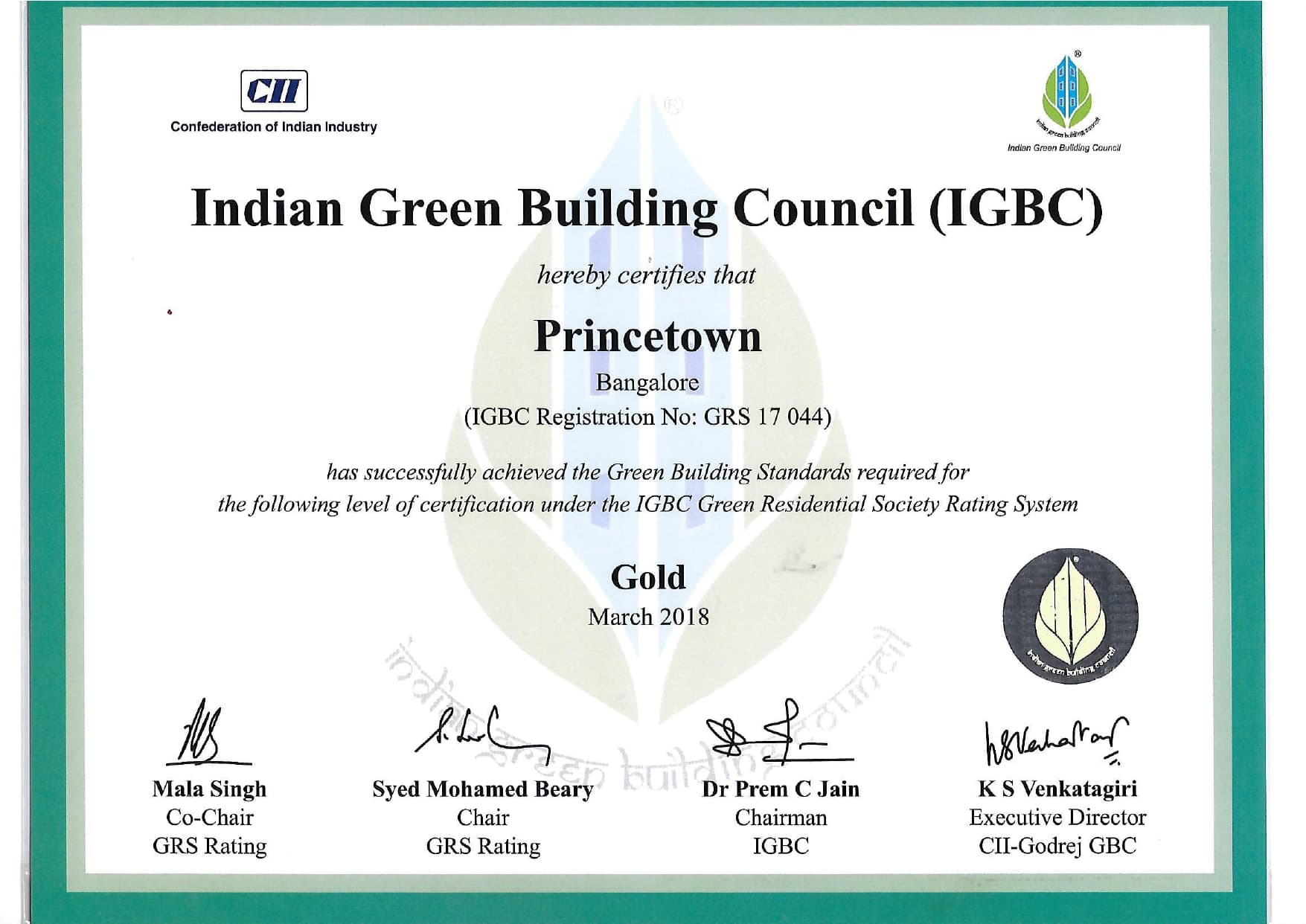 IGBC Gold Certificate - Kumar Princetown