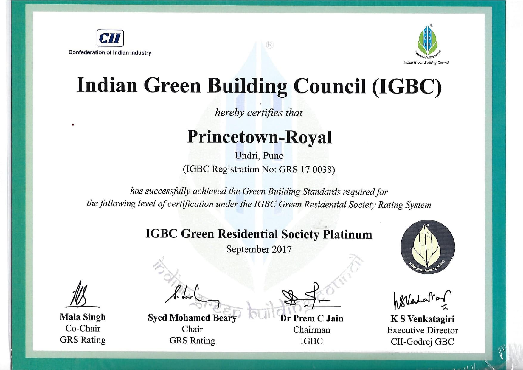 IGBC Platinum Certificate - Princetown Royal