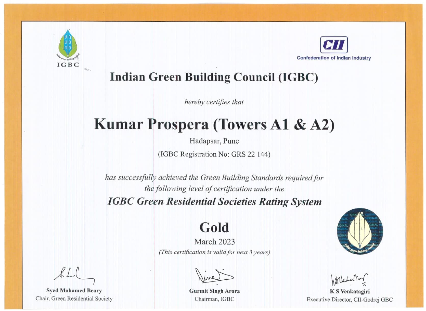IGBC Gold Certificate - Kumar Prospera
